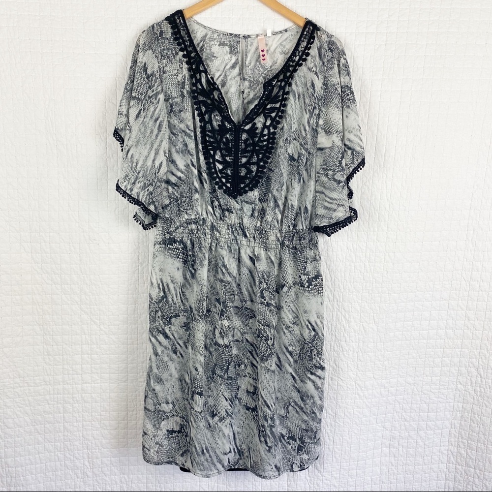 Three Hearts Pom Pom Fringe Snakeskin Print Dress